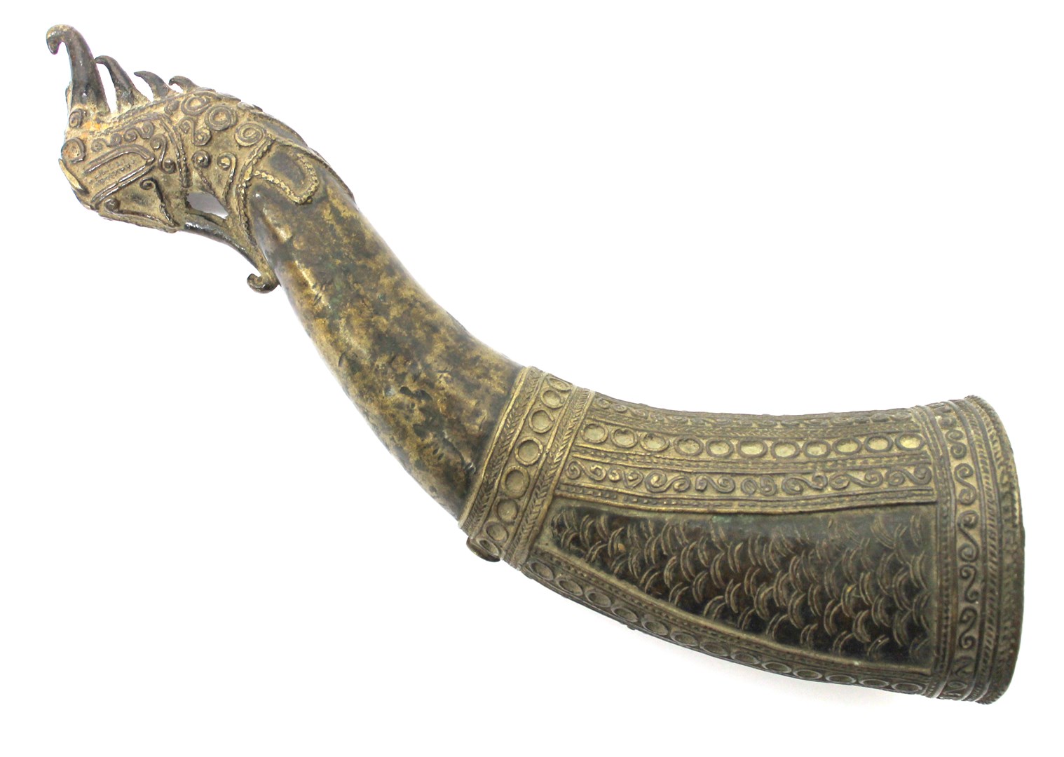 Appraisal: A patinated bronze powder horn South East Asian modelled and