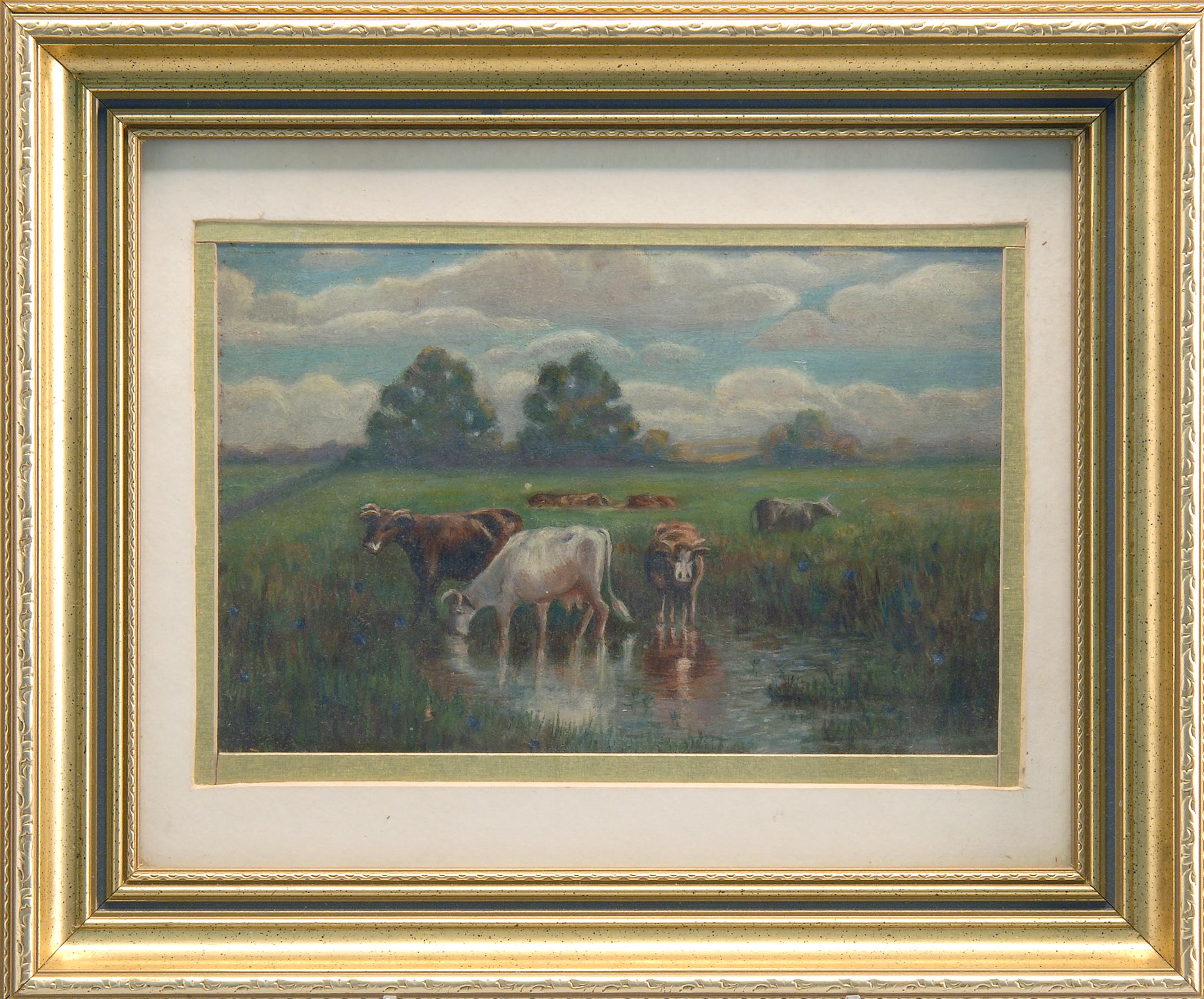 Appraisal: FRAMED PAINTING ARTIST UNKNOWN Late th Century Depicting cows in