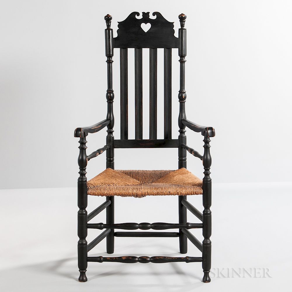 Appraisal: Early Black-painted Heart and Crown Armchair Early Black-painted Heart and