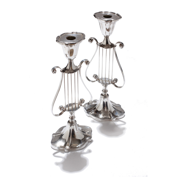 Appraisal: Pair lyre form silver plate candle sticks