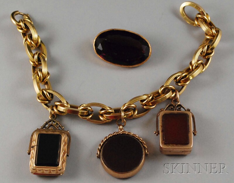 Appraisal: kt Gold Bracelet with Gold-filled Hardstone Fobs composed of fancy-links