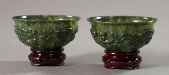 Appraisal: Attractive Pair of Kuang Hsu Carved Spinach Jade Cabinet Bowls