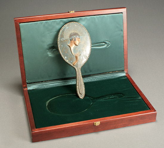 Appraisal: Ert 'Pearls' Patinated Bronze Hand Mirror Circa Molded with the