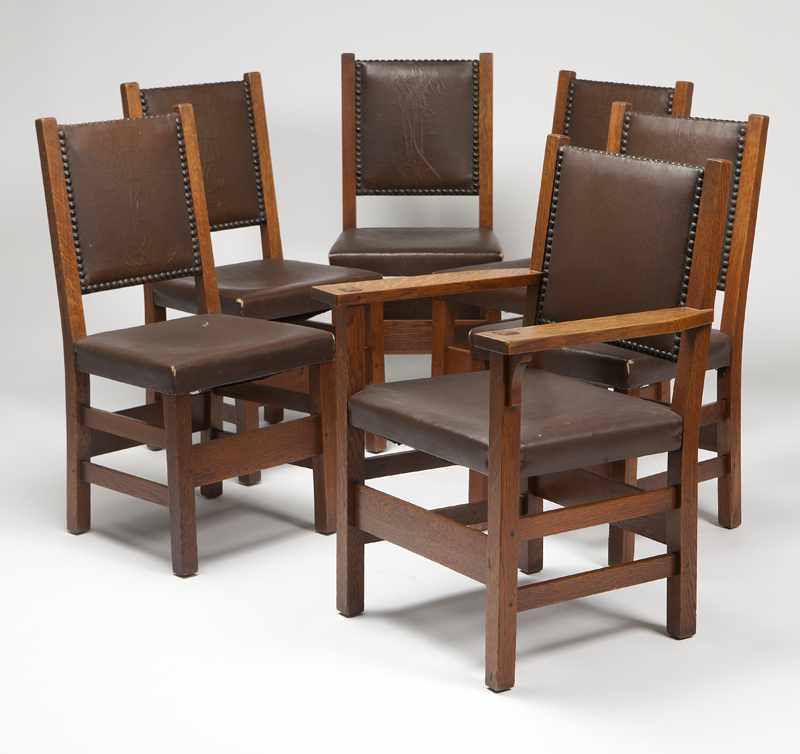 Appraisal: A set of six Gustav Stickley oak chairs and A