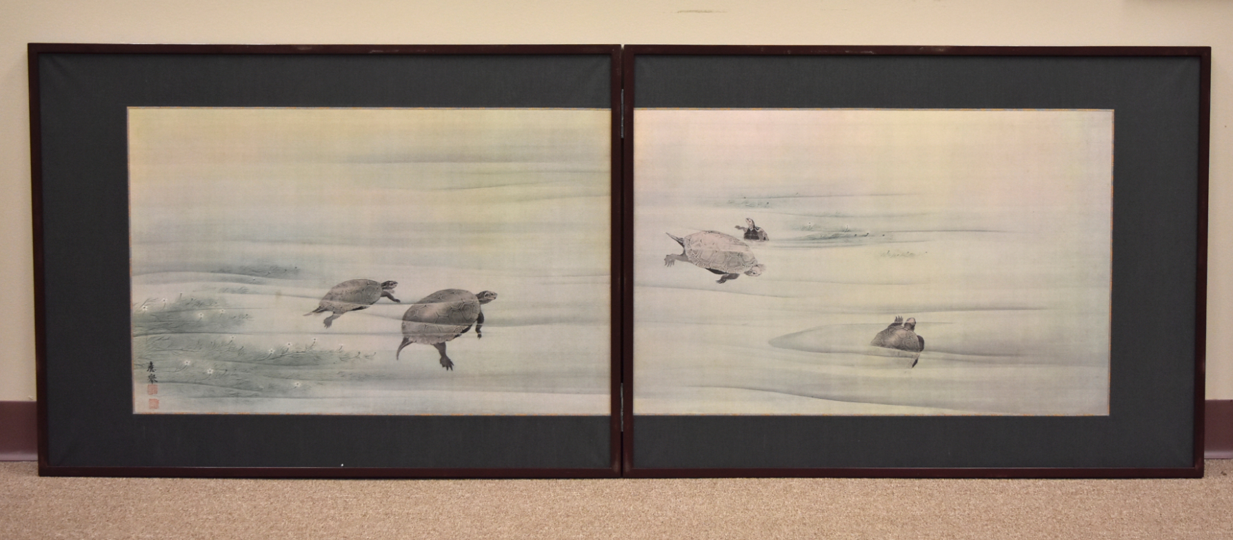 Appraisal: Japanese photo screen with paintings of turtles swimming in the