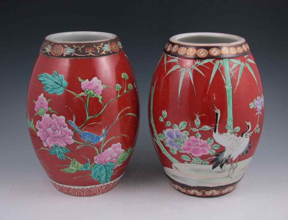 Appraisal: TWO JAPANESE KUTANI POLYCHROME BARREL FORM VASES Appears to be