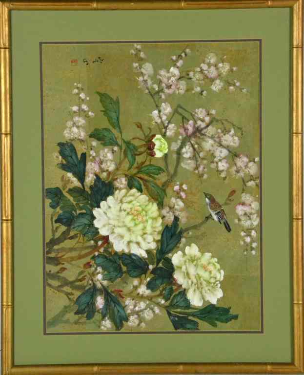 Appraisal: Japanese Watercolor On PaperDepicting flowers tendrils and a sparrow seal