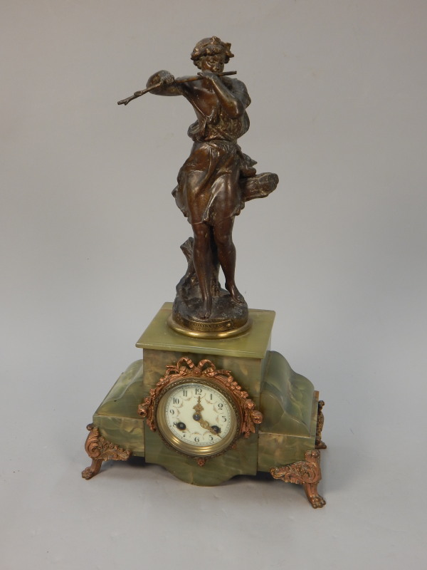 Appraisal: A late thC French onyx mantel clock mounted with a