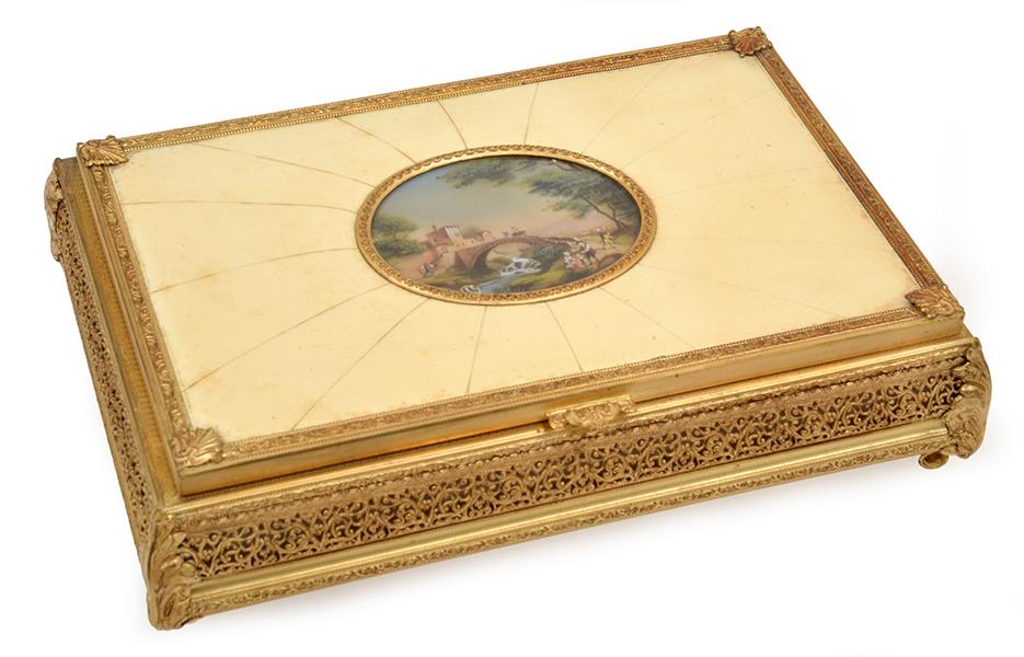 Appraisal: ITALIAN GILT METAL OVERLAID DRESSING TABLE BOX WITH INSET WITH