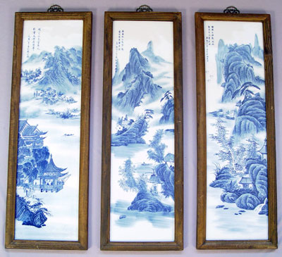 Appraisal: THREE CHINESE BLUE ON WHITE FRAMED PORCELAIN PANELS Hand painted