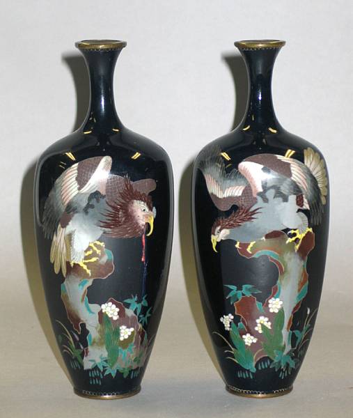 Appraisal: A pair of black ground cloisonn enameled metal vases Meiji