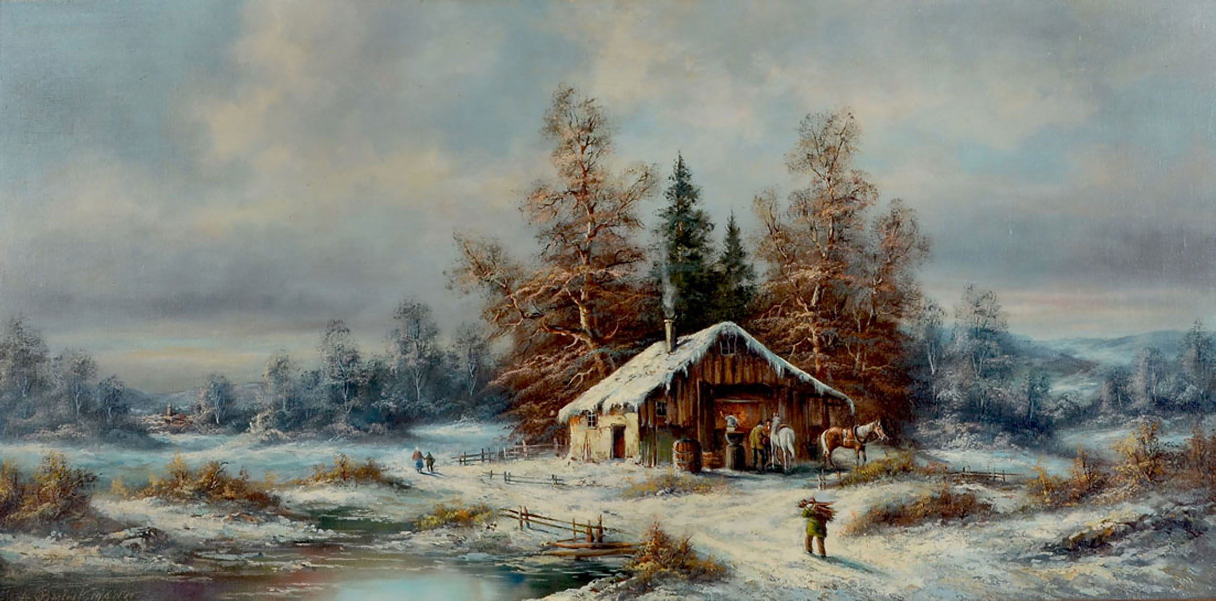 Appraisal: BRINKMANN Albrecht - Large Panoramic Winter Scene Oil Canvasboard sight