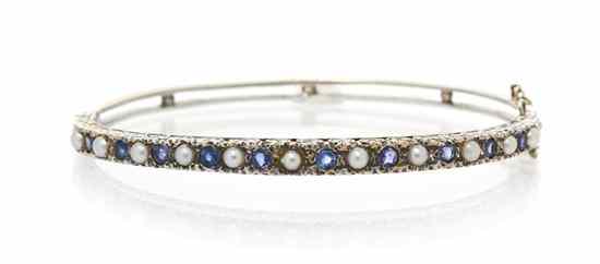 Appraisal: A Karat White Gold Sapphire and Cultured Pearl Hinged Bangle