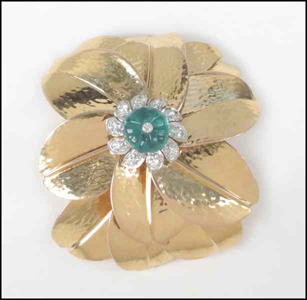 Appraisal: EMERALD DIAMOND AND KARAT YELLOW GOLD CLIP BROOCH round brilliant