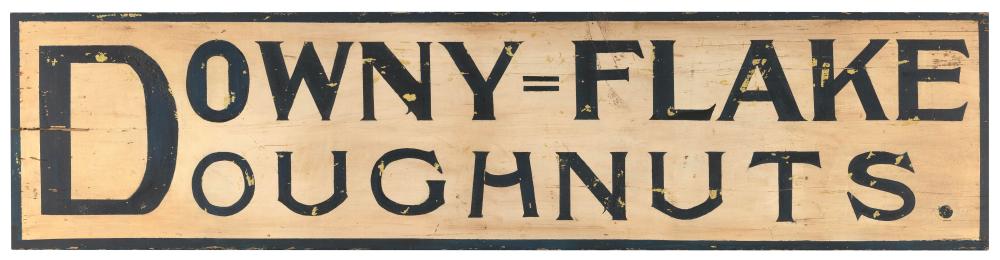 Appraisal: DOWNY FLAKE DOUGHNUTS PAINTED WOODEN SIGN Contemporary Blue-black painted letters