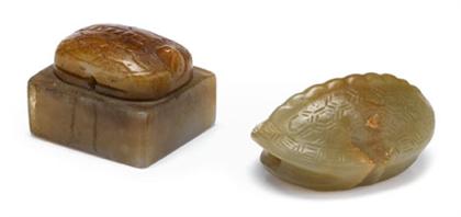 Appraisal: Early Chinese brown jade tortoise toggle and tortoise form seal