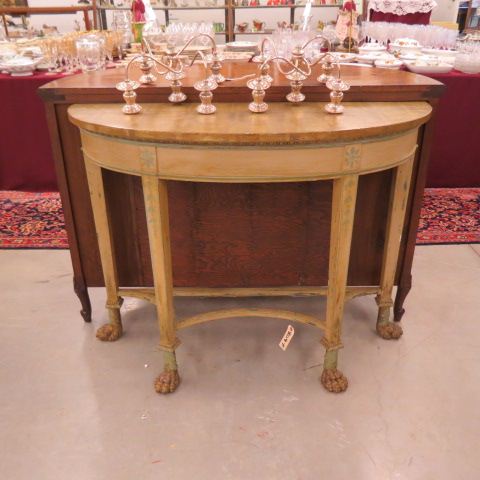 Appraisal: Carved Demilune Foyer Table gold painted finish carved lion paw