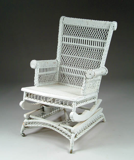 Appraisal: GOOD WHITE WICKER PLATFORM ROCKER Rolled arms and back with