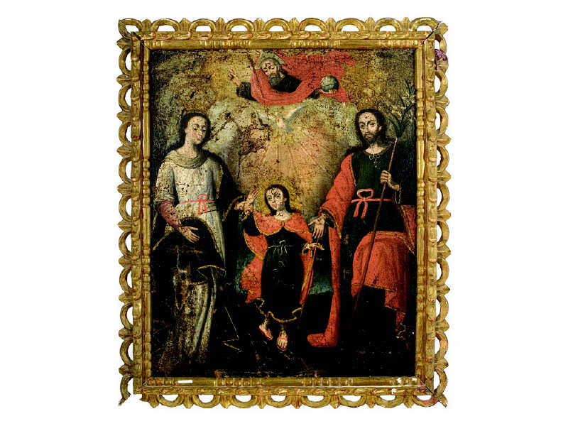 Appraisal: SPANISH COLONIAL Holy Family oil on panel carved gilt-wood frame