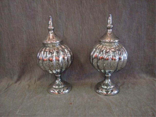 Appraisal: Pair mercury glass lidded urns From a Flushing NY home