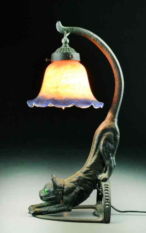 Appraisal: Antique Spelter Table Lamp with Glass ShadeDepicting a cat with