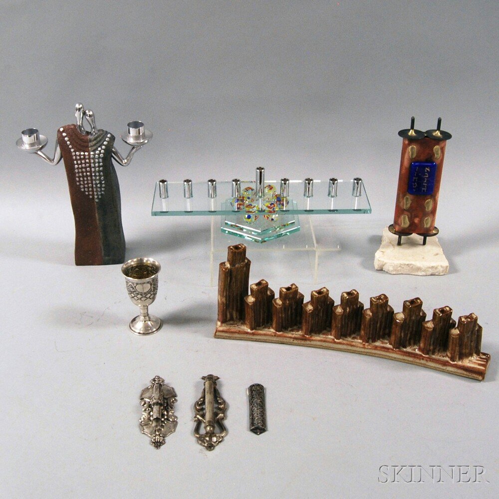 Appraisal: Group of Contemporary Judaica including glass and ceramic Hanukkah menorahs