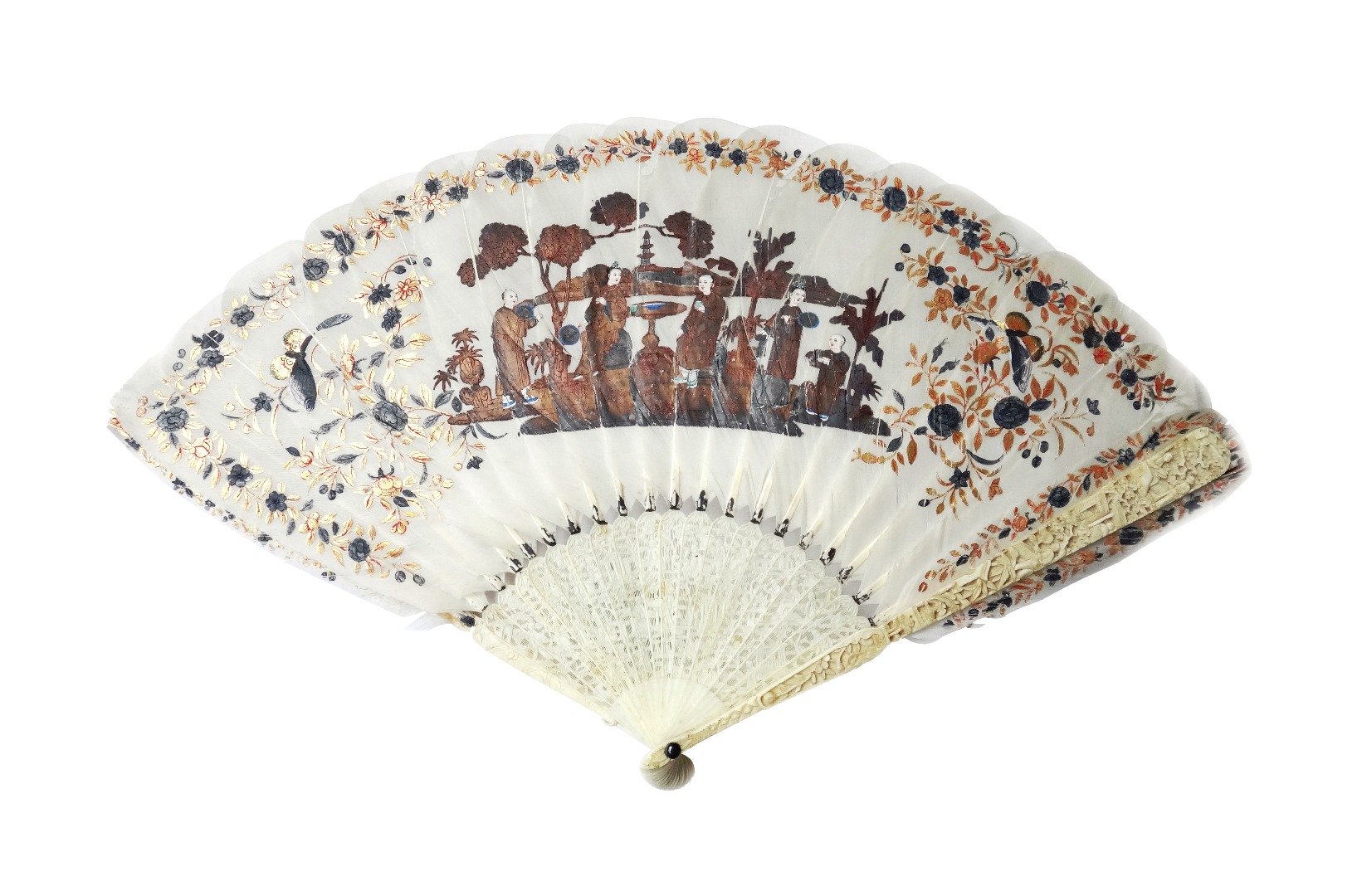 Appraisal: A Cantonese painted feather fan th century depicting a figural