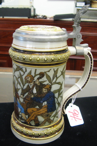 Appraisal: GERMAN METTLACH BEER STEIN liter no Etched with inlaid lid