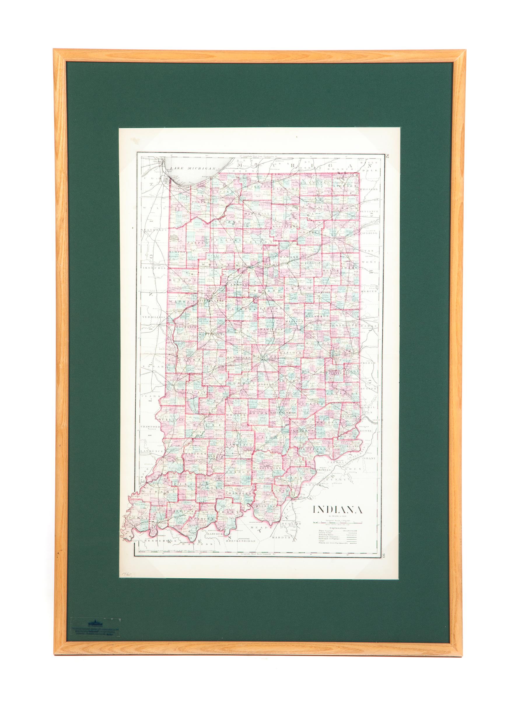 Appraisal: FRAMED MAP OF INDIANA Colored map by Frank A Gray