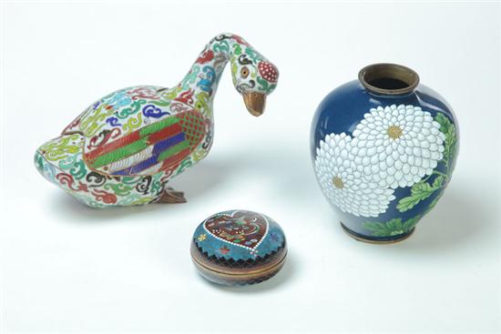 Appraisal: THREE ENAMELED PIECES Asian th century Cloisonne duck with removable