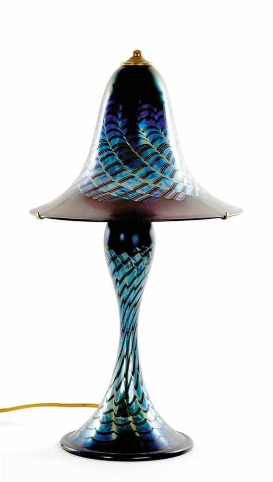 Appraisal: Iridescent art glass table lamp bell-shaped shade with wave design