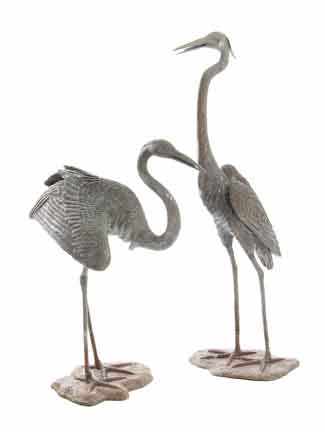 Appraisal: Pair bronze egret fountains mouths fitted with spout weathered green