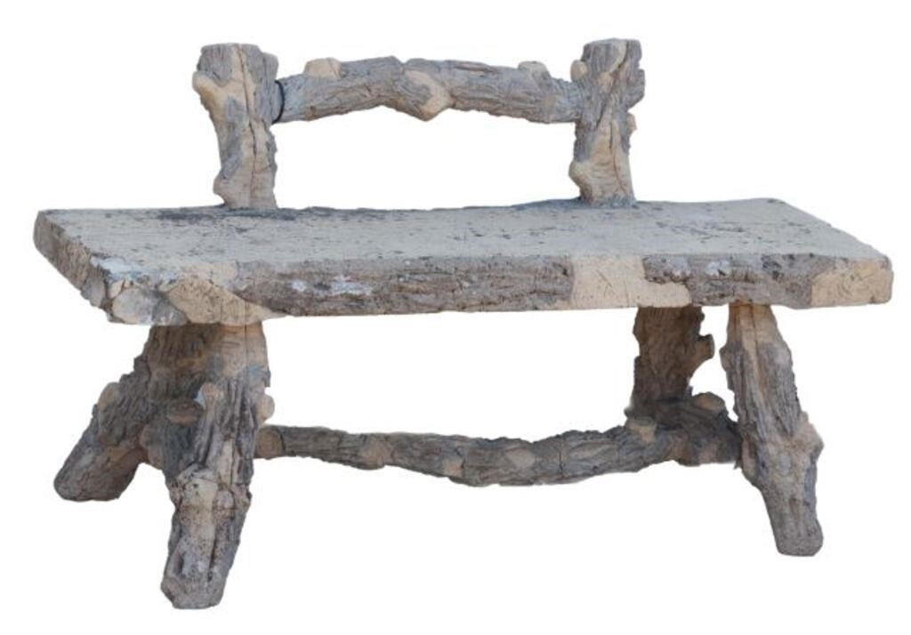 Appraisal: Petite faux bois garden bench having tree-branch form back over