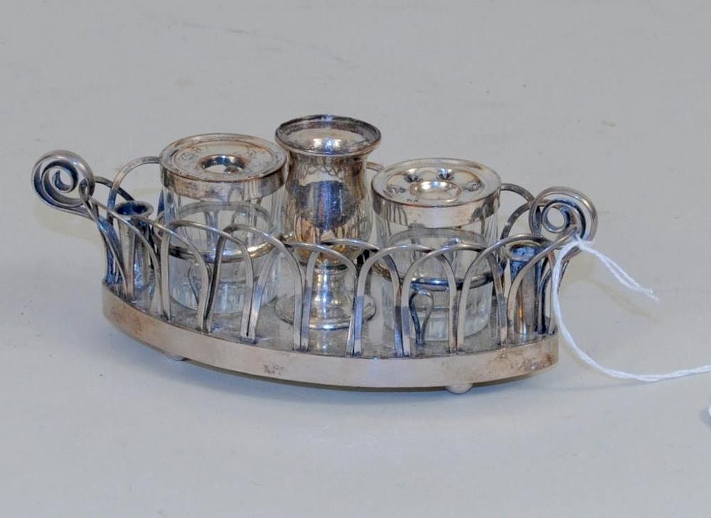 Appraisal: Old Sheffield Reticulated Oval Inkstand Old Sheffield reticulated oval inkstand