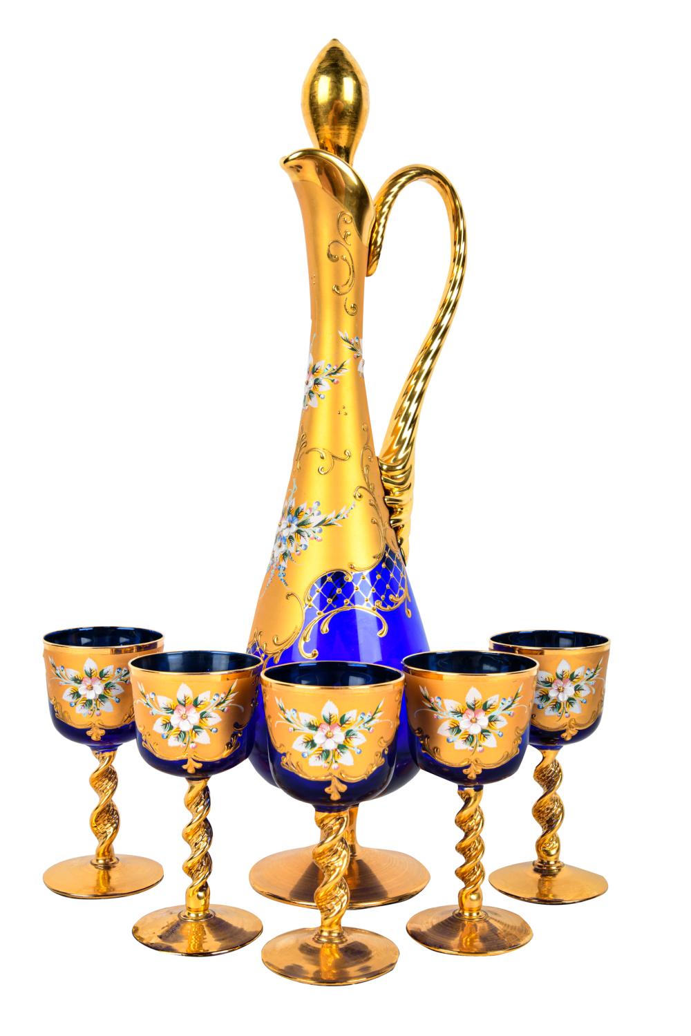 Appraisal: BOHEMIAN GILT OVERLAY COBALT GLASS DRINK SETone decanter and five