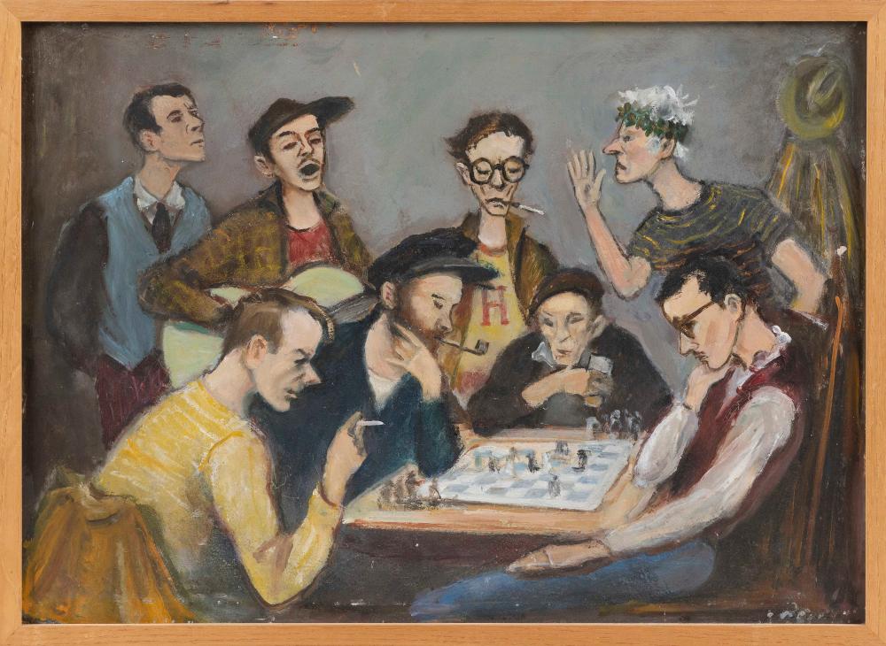 Appraisal: PROVINCETOWN SCHOOL TH CENTURY MEN PLAYING CHESS IN A BAR