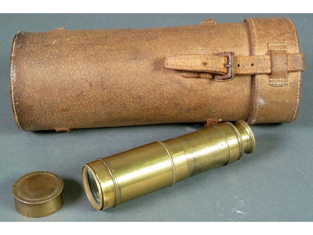 Appraisal: BRASS THREE DRAW TELESCOPE with hood and end cap cm