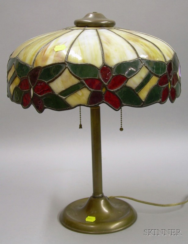 Appraisal: Brass Table Lamp with Floral Pattern Leaded Glass Shade two