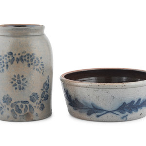 Appraisal: A Cobalt Decorated Stoneware Jar and Bowl th and th