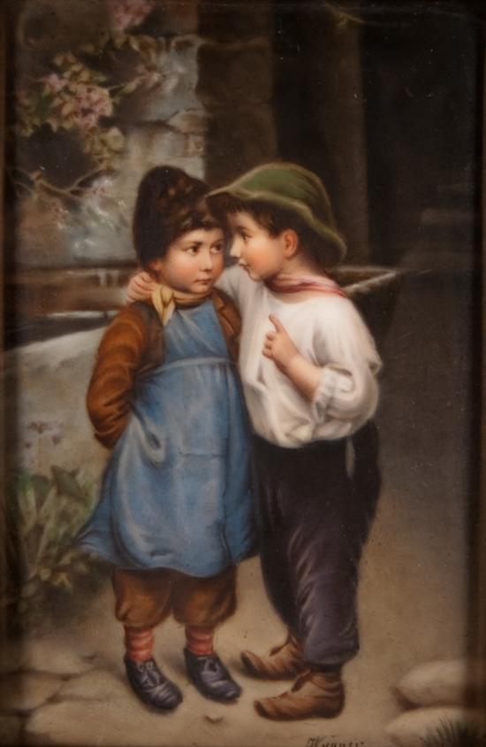 Appraisal: German painted transfer porcelain plaque of two boys marked Wagner