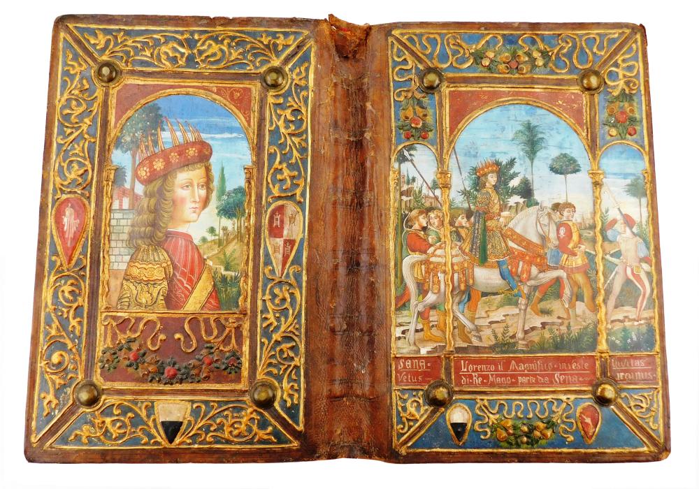 Appraisal: Painted and embossed large leather folio Italian probably a late