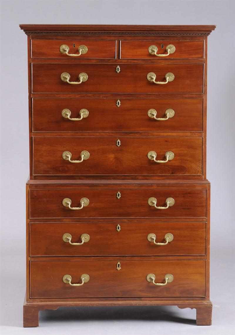 Appraisal: GEORGE II CARVED MAHOGANY CHEST ON CHEST The denticulated cornice