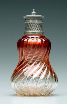 Appraisal: French glass bottle threaded pewter top above swirled cranberry-to-clear base