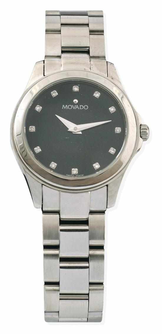 Appraisal: A LADIES MOVADO WRISTWATCH Quartz movement circular black dial with