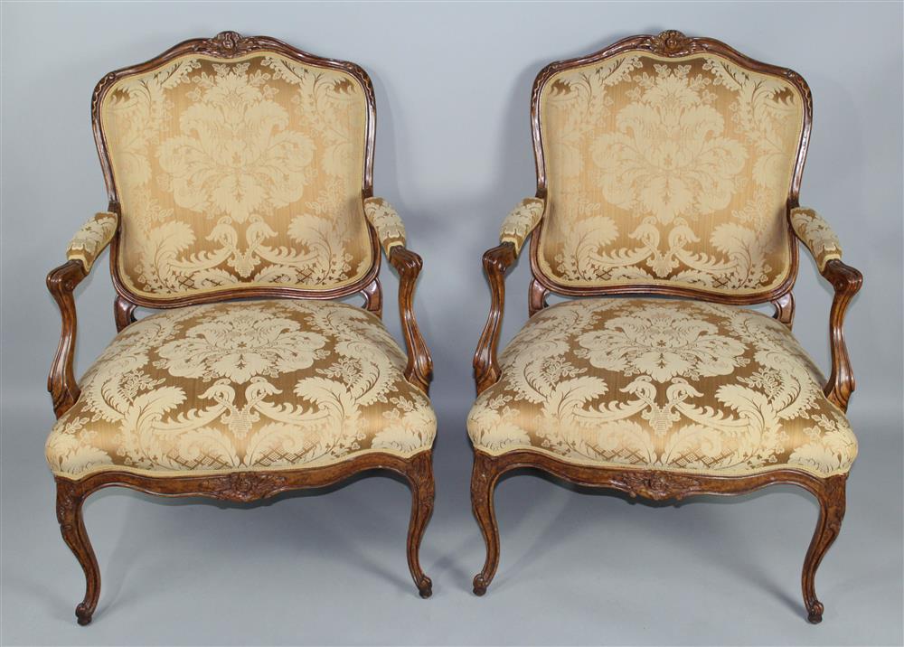 Appraisal: PAIR OF LOUIS XV STYLE FAUTEUILS WITH DAMASK UPHOLSTERY each