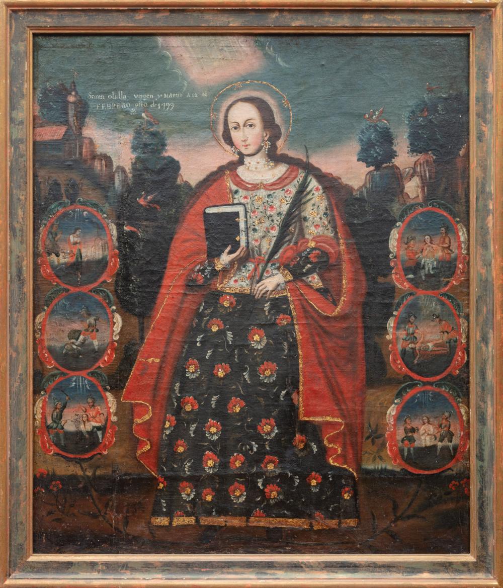 Appraisal: Spanish Colonial School Santa Olalla Virgen y Martir oil on