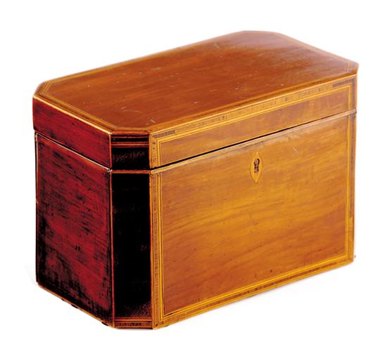 Appraisal: English inlaid mahogany tea caddy th century satinwood line-inlaid rectangular