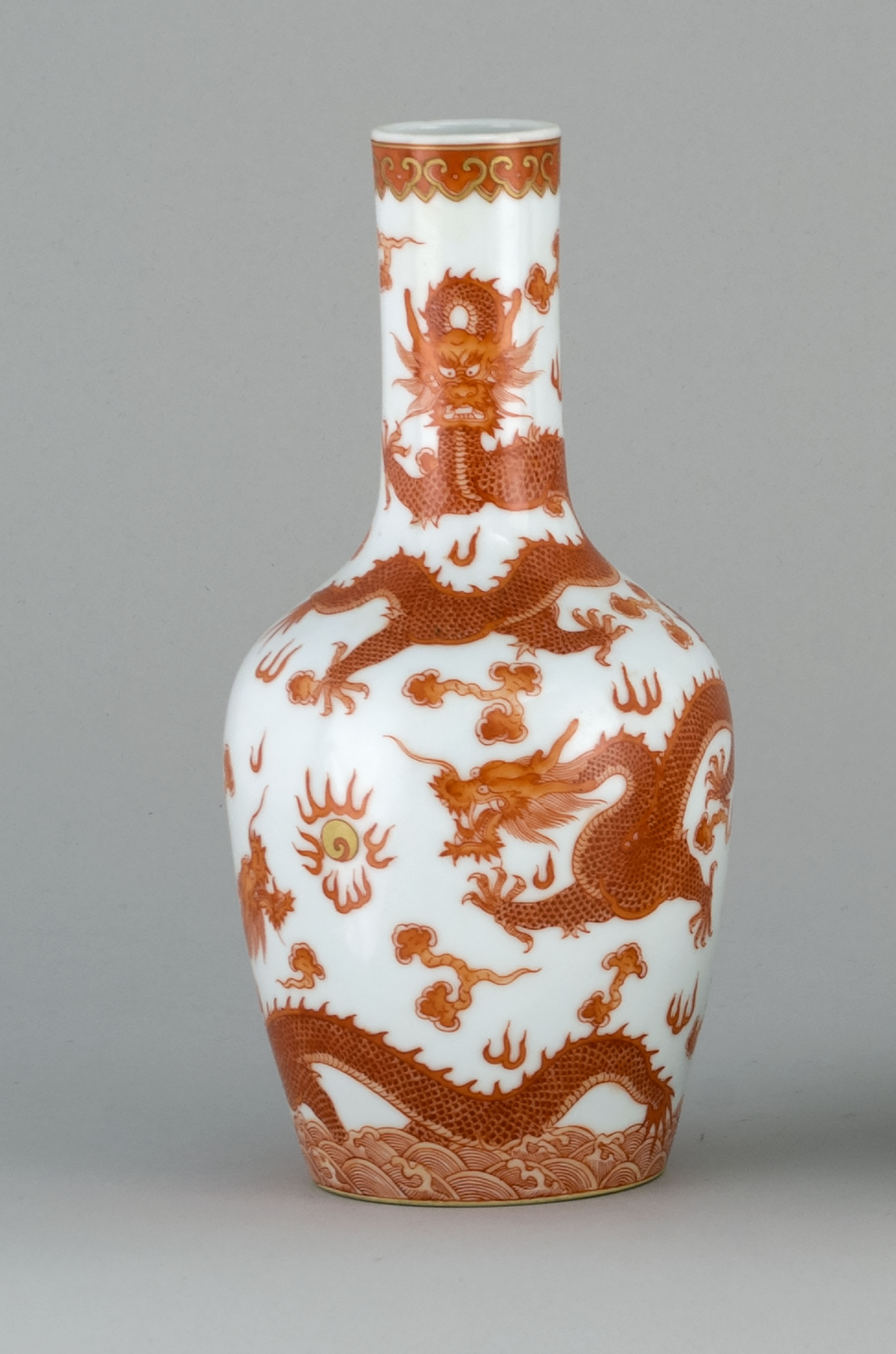 Appraisal: RUST-RED PORCELAIN VASE In mallet form with five-claw dragon design