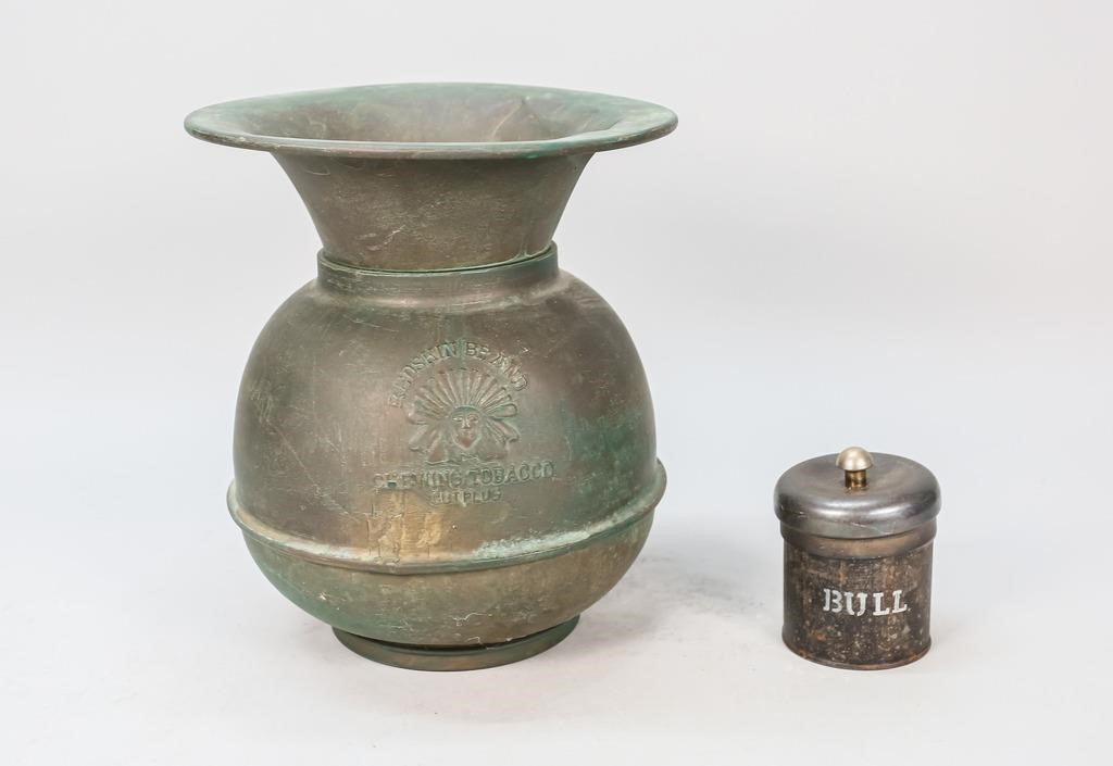 Appraisal: EARLY TH CENTURY TOBACCO SPITTOON AND TINEarly th Century tobacco