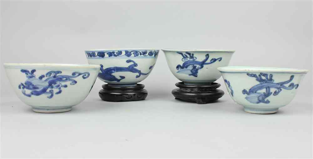 Appraisal: FOUR CHINESE BLUE AND WHITE BOWLS PROVINCIAL FOUR CHARACTER UNDERGLAZE